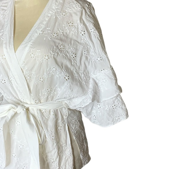 Zara Eyelet White Ruffled Wrap Blouse with Bell Sleeves - Picture 3 of 5